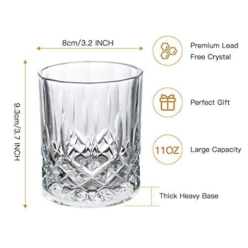 MEICHU Crystal Whiskey Glasses set of 4, 11 Oz Old Fashioned Glasses Rocks Barware Gift for Scotch Lovers, Cognac, Bourbon, Irish Whisky and Old Fashioned Cocktails (4)