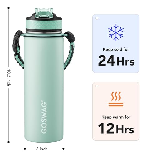 GOSWAG Insulated Sports Water Bottle, 24oz 2 Lids(with Straw/No Straw), Stainless Steel Water Bottles with Paracord Handle, Insulated Bottle with Double-Wall Vacuum Insulation