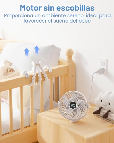 Miniatura 2 de Bearwind Ventilador Portátil Para Cochecito De Bebé Recargable Por Usb Con Luz Led Nocturna, 4 Velocidades Y Trípode Extraíble 360 Para Viaje, Coche Y Cuna
