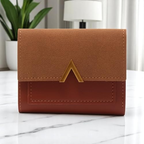 1Pcs Simple Wallet 3-Fold Colorblock Card Case PU Leather Brown 11.5x9cm