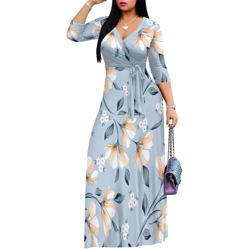 Image of Women's V Neck Floral Maxi Dress 3 /4 Sleeve Plus Size Boho Wrap Flowy Long Dresses with Belt
