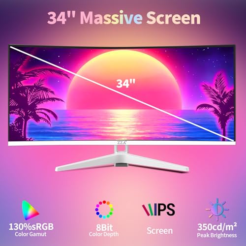 Image of 34'' Ultrawide Curved Monitor-WQHD 3440x1440 Resolution,100Hz, IPS Panel, Built-in Speakers,3800R Curvature,HDR10,AMD FreeSync Premium,21:9 Aspect Ratio,Low Blue Light,Flicker-Free Technology-White