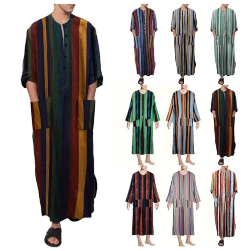 Men's Kaftan Thobe Striped Nightshirt for Men Long Sleeves Button Down Nightgown Henley Sleep Shirt with Pockets4