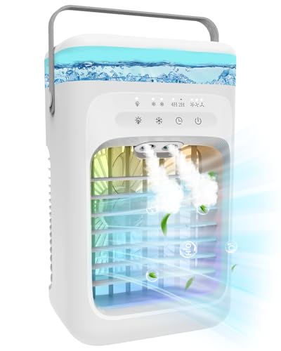 Portable Air Conditioners, 2025 Upgrade Evaporative Air Conditioner Air Cooler with 3 Wind Speeds, 2-4H Timer, 7-Color LED, Eco-Friendly Mini Cooling Fan for Home, Bedroom, Office, and Travel,White