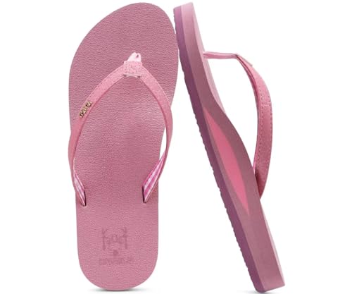 KuaiLu Womens Arch Support Flip Flops Comfortable Yoga Mat Slip on Leather Walking Thong Cushion Sandals Summer Beach Orthotic Slides Travel Essentials Indoor Outdoor Slippers Shoes Dark Pink Size 8.5