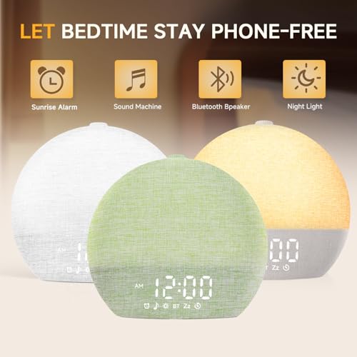 Image of Geuuap Sunrise Alarm Clock White Noise Machine with Bluetooth Speaker,Green | 30 Soothing Sounds, 17 Dimmable lights, Simulated Sunrise, Backup Battery Memory, Auto-off Sleep Timer, Screen-Free Design