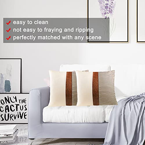 Timdam Farmhouse Decorative Throw Pillow Covers 18X18, Set Of 2 Couch Pillow Cover For Living Room, Stripe Patchwork Linen Pillow Covers, Modern Accent Decor Square Faux Leather Throw Pillow Cases #TOP3