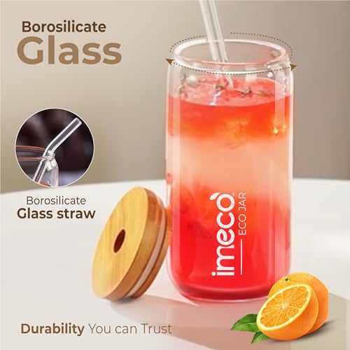 Image of IMECO ECO JAR Borosilicate Glass Sipper with Bamboo Lid & Straw, 500ml | Leak-Proof, BPA-Free & Eco-Friendly | Travel-Ready Bottle for Milk, Coffee, Green Tea & Water
