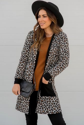 Women's Black Leopard Patched Pocket Open Front Cardigan2