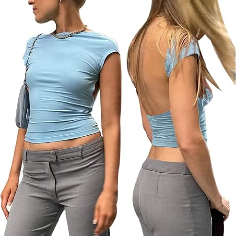 Women's Sexy Backless Short Sleeve Crop Top T-Shirt Cut Out Slim Fit Blouse Tops Front Back Reversible Cropped Tees (Blue, S) Cover