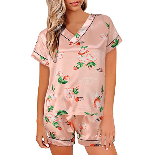 Conjunto de pijama de satén para mujer, elegante y elegante de manga corta para mujer, 2 piezas, camisa con botones y pantalones cortos, estampado informal, cómodo, ropa de dormir