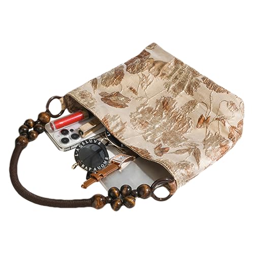 Wooden Bead Woven Chain Strap Shoulder Bucket Purse for Women Retro Jacquard Shopping Work Bag4