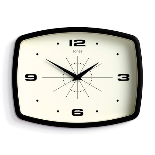 JONES CLOCKS® Horloge Murale Movie | Horloge rétro rectangulaire | 25 cm | Noir | Look de Designer Cool pour Cuisine, Salon ou Bureau