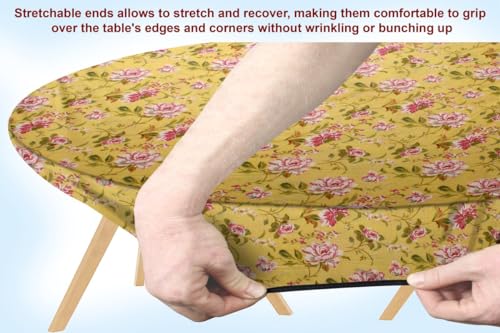 Image of The Furnishing Tree Elastic Cotton Oval Dining Table Cover 35x63 in Inches Floral Pink Rose on Yellow Base