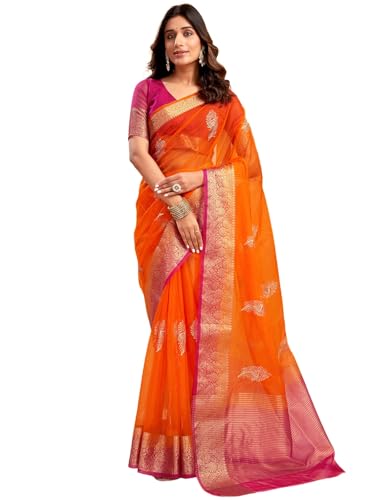 Image of Satrani Women's Organza Sequins Embroidery Jacquard Saree with Unstitched Blouse Piece
