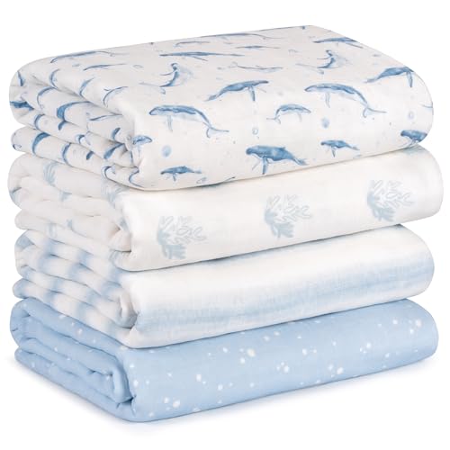 Image of CIVARUA KIDS Muslin Swaddle Blankets for Newborn, 4 Pack Cotton Baby Blankets for Boys, Large 31.5 x 43.3 Breathable Soft Receiving Blanket, Essentials Swaddle Wrap Burping Clothes, Blue Whale