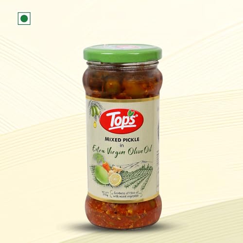 Image of TOPS Olive Oil Mixed Pickle -370 gm Glass Jar | Perfect blend of nine select seasonal vegetables in extra virgin olive oil and aromatic spices