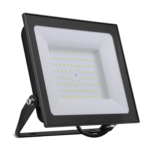 Bright Source LED Floodlight, IP65, 100W, 11500lm, 120° Beam Angle, 6500K Daylight White, Black, with Adjustable Tilt Mounting Bracket & 1m Lead Wire