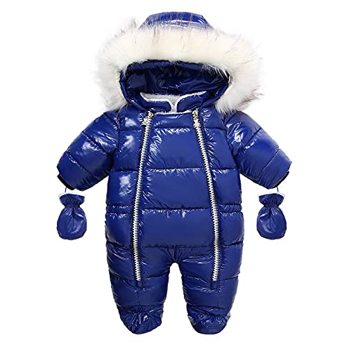 BOIBOKOKO Newborn Baby Boy Girl Winter Clothes PU Leather Snowsuit Warm Romper Jumpsuit Hooded Jacket Outwear with Gloves (1#Blue, 9-12 Months)