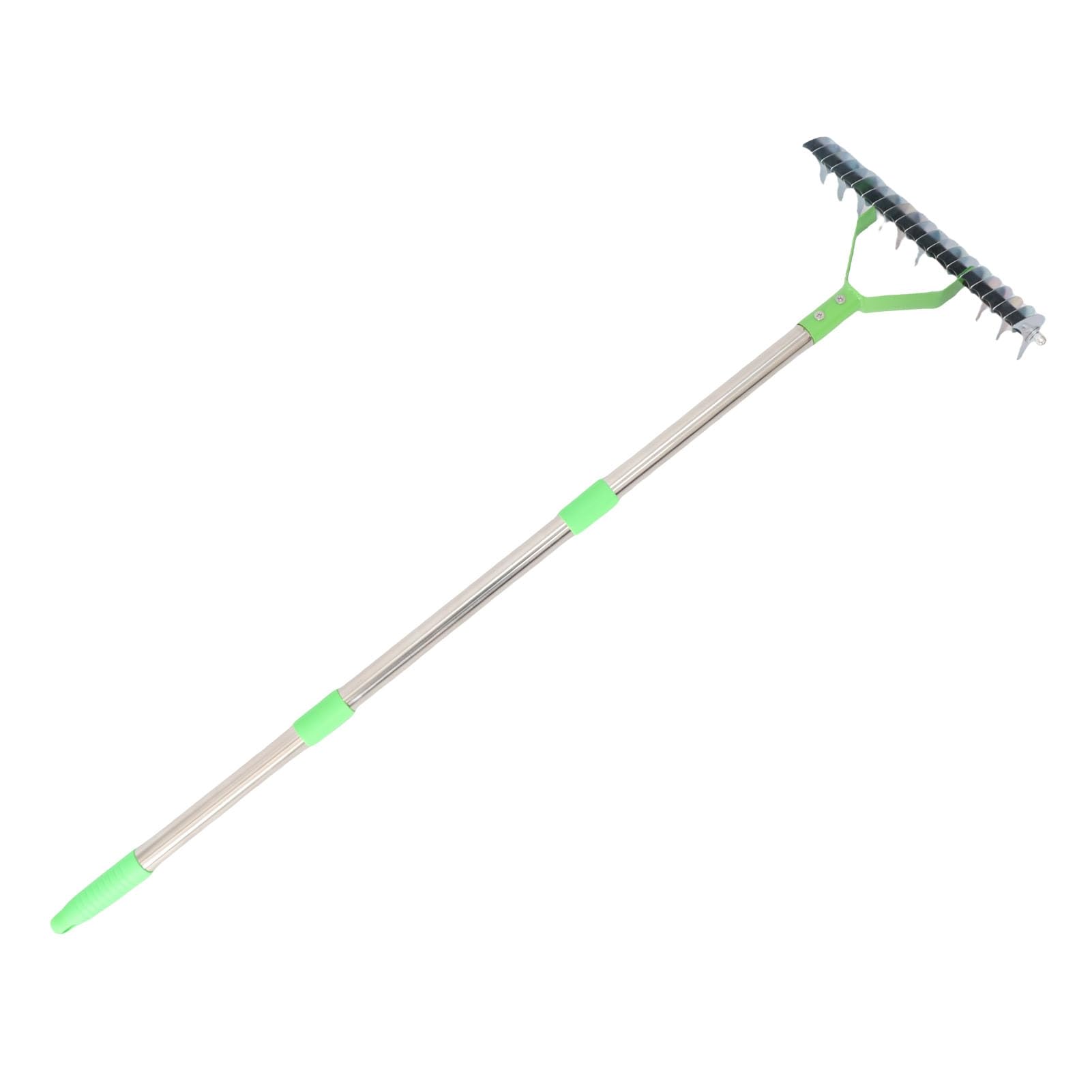 Rengue Rastrillo de Paja, Rastrillo de Césped, de Paja de 3 Secciones de Acero Inoxidable con Púas Curvas y Ergonómico para Techar, Fertilizar, Resiembra, Labrar