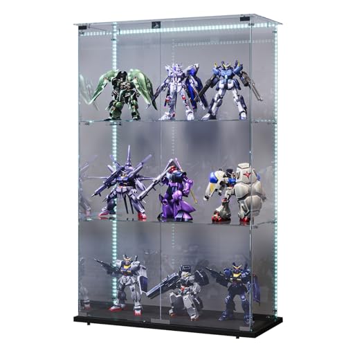 Sorvaglos - Vitrina con tira LED, 3 pisos, puerta de cristal templado, negro, antipolvo, vitrina vertical para sala de estar, oficina, objetos de colección, 35 x 78,5 x 123,3 cm