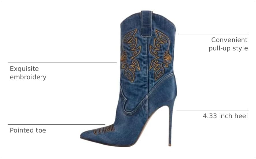 Image of Saint Leia Women's Embroidered Western Cowboy Stiletto Heel Boots Pointed Toe Pull-Up Tabs Classic Cowgirl Dress Boot