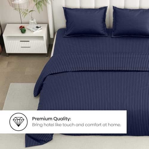 Image of Rivermoor Ultrasoft Bedsheet for Double Bed | Queen Size Bed Sheet with 2 Pillow Covers | Navy Blue Satin Stripe | 90 x 98 Inches | Breathable & Hypoallergenic