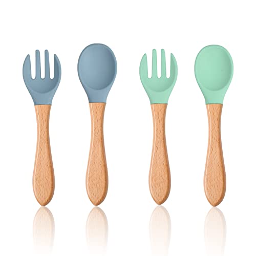 Baby Spoon Self Feeding Weaning Set Bamboo Infant Toddler Unbreakable Cutlery Silicone Fork Soft Easy Grip Tableware Safe Utensils Kit Children's First Led Training Weaning Flatware, Blue and Green