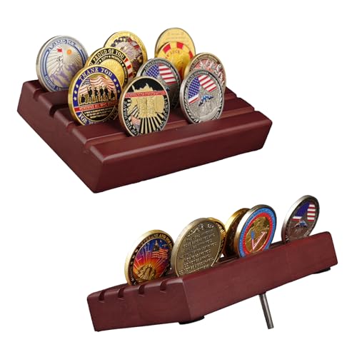 ASmileIndeep Small Military Challenge Coins Display Holder Solid Wood,Challenge Coin Stand Holds 10-12 Coins ,4 Row Coin Holder Rack for Desk, Challenge Coin Display Case ,Red Finish