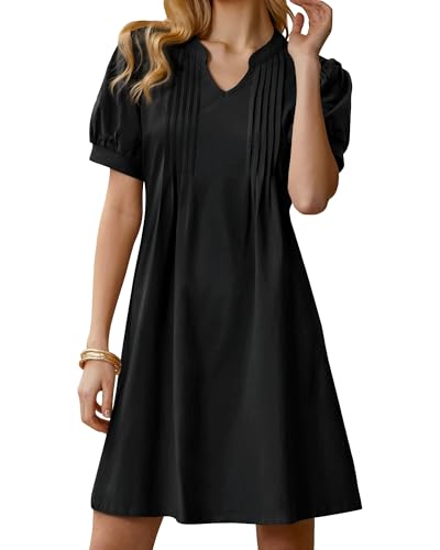 Image of Summer Dresses for Women 2025 Shift Dress V Neck Puff Short Sleeve T Shirt Dress Women's Casual Dresses Sundress