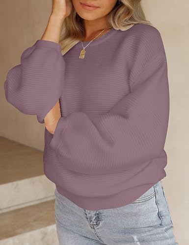 Image of ZESICA Women's Crew Neck Long Lantern Sleeve Fall 2026 Casual Loose Ribbed Knit Solid Soft Pullover Sweater Tops