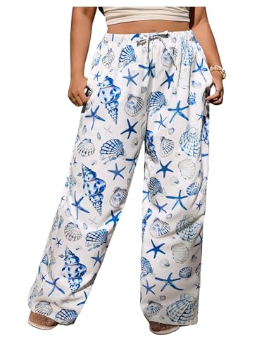 MakeMeChic Women's Plus Size Beach Starfish Seashell Print Pants Wide Leg Trousers