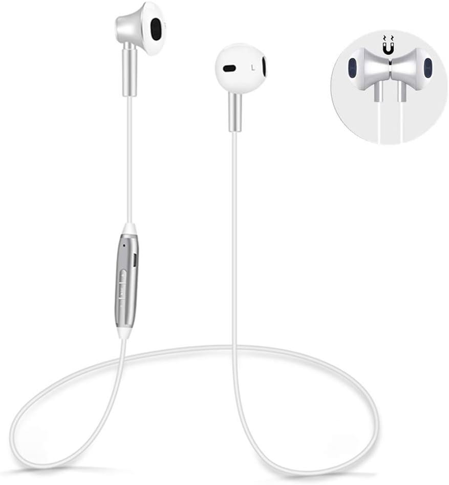 Bluetooth Headphones V4.1 Magnetic Wireless Earphones HD Stereo Noise Reducing IPX4 Sweatproof Light Sport Headset with Mic, 50min Fast Charge, 4-5h Play Time for Running Gym Workout (White-Silver)