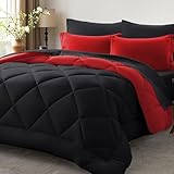 Anluoer Queen Comforter Set -7 Pieces Bed in a Bag Queen Size, Reversible Bed Set with 1 Comforter(88'*88'), 2 Pillow Shams, 2 Pillowcases, 1 Flat Sheet, 1 Fitted Sheet, Red & Black