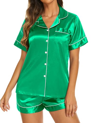 Image of Ekouaer Silk Pajamas for Women Short Sleeve Sleepwear Soft Button Down Loungewear 2 Piece Satin Pjs Shorts Set