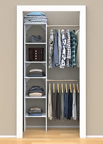 Image of ClosetMaid SuiteSymphony Small Closet Organizer Starter Kit with Tower and 3 Hang Rods, Shelves, Adjustable, Customizable Wardrobe Organizer System, Reach-In or Walk-In Closets, Pure White
