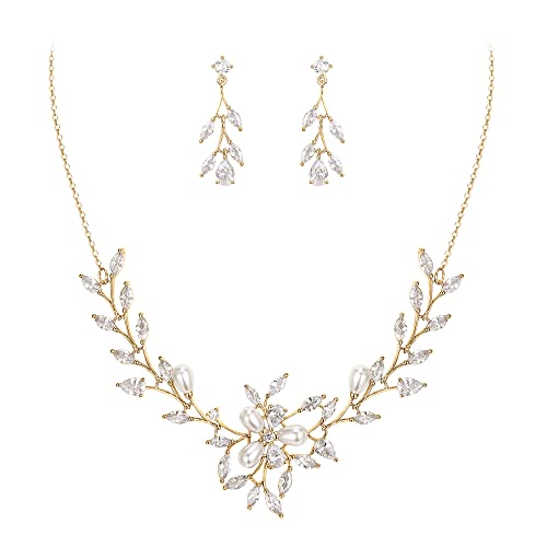 Image of EVER FAITH Wedding Cubic Zirconia Jewelry Set for Women, Marquise White Simulated Pearl Floral Vine Bridal Prom Necklace Earrings for Bride