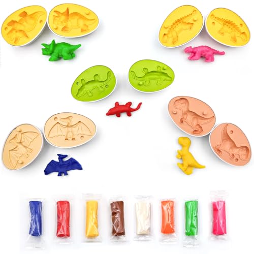 Dinosaur Play Dough Set for Kids, Pattheboo 5 Dino Molds, 8 Colors of Play Clay, Dinosaur Eggs, Tools & Accessories, Easter Gift for 3-8 Year Old Boys & Girls