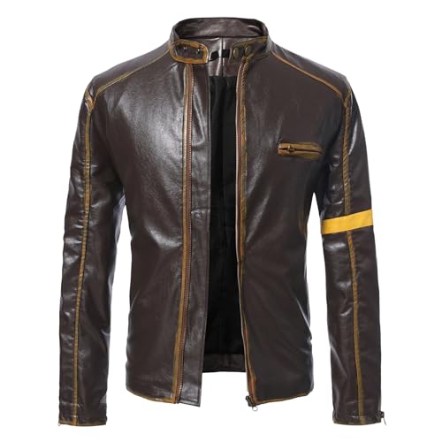 Men's Vintage Leather Biker Jacket Zip Up Stand Collar Motorcycle PU Jacket Lightweight Punk Leather Outwear