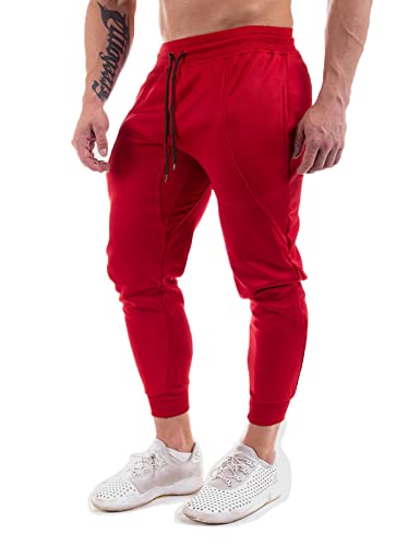 FLYFIREFLY Mens Workout Gym Training Pants Slim Fit Bodybuilding Joggers for Men with Pockets Red