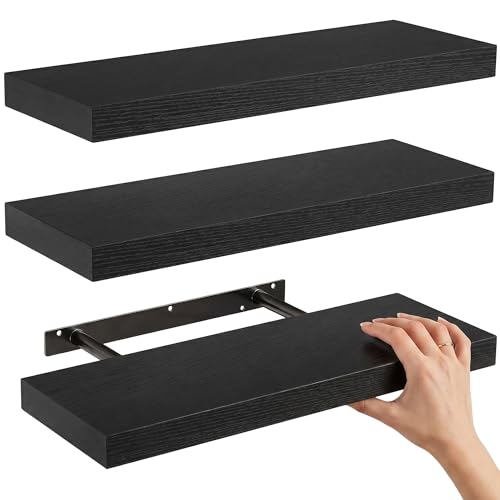 ZubyShax Black Floating Shelves Set of 3 Wall Mounted MDF Shelves with Invisible Brackets Decorative Display Shelves for Living Room Bedroom Kitchen & Bathroom (41 cm)