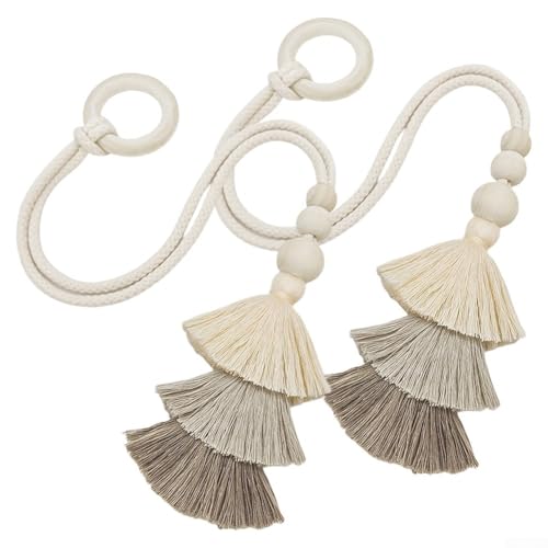 Zilimontt 2 lazos de cortina bohemios con cuentas de madera y decoración de borlas, hebillas de cortina de tela y madera para sala de estar, oficina, restaurante, accesorios de tratamiento de ventanas