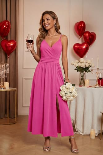Image of Newshows Women's 2026 Summer Maxi Dress Spaghetti Strap Spring Casual Boho V Neck Split Beach Long Flowy Wedding Guest Dresses Semi Formal Fashion Trendy(Rose Red,S)