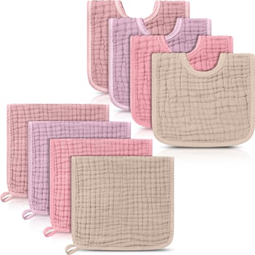 Image of Tallew 8 Pack Muslin Burp Cloths and Baby Bibs for Boy Girl 20 inch x 10 inch Cotton Baby Bandana Drool Bibs Muslin Burp Cloths Absorbent Rag for Newborn Toddler Infant Gifts(Pink Series)