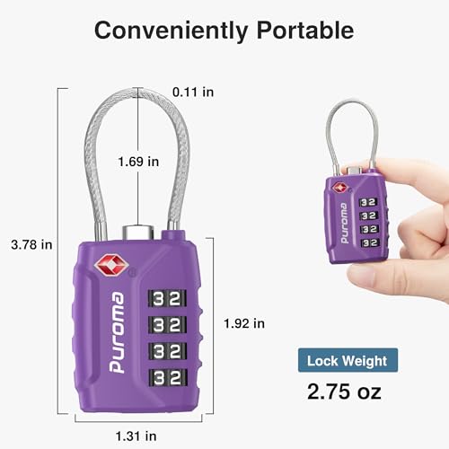 Image of Puroma TSA Approved Luggage Lock, 4 Digit Combination Travel Locks Resettable Code Lock with Zinc Alloy Body for Suitcase, Toolbox, Backpack, Bag, Gym Locker, Basic Purple Dark, secure