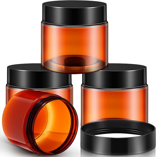 Image of Patelai 4 Pcs Plastic Jars Wide Mouth with Lids,6 Ounce,Amber | Travel Size for Creams Oils, Clear Round Storage Cosmetics Containers, Leak Proof Screw on Lids for Makeup Beauty DIY