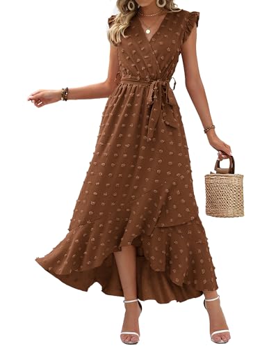 BTFBM Women V Neck Summer Dress 2025 Cap Sleeve Swiss Dot Boho Flowy Ruffle Slit Beach Party Long Maxi Cocktail Dresses(Brown, Medium)