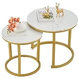 Hoctieon Nesting Coffee Tables, Round Nesting Tables Set of 2, End Tables, Stacking Nesting Tables for Living Room, Circle Coffee Tables, Side Tables Wooden Table Top, Gold&White