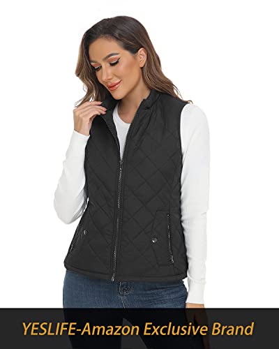 Yeslife Black Women's Outwear Quilted Vest With One Inside Pocket - Stand Collar Lightweight Padded Gilet For Women L #TOP5