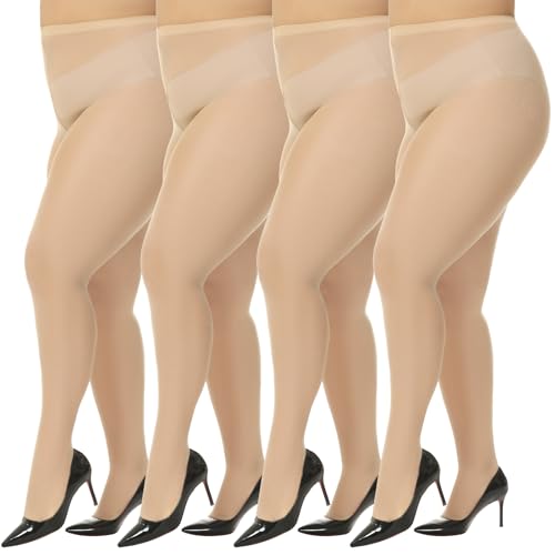 Image of MANZI Women's Plus Size Pantyhose 4 Pairs Sheer Nylon Tights
